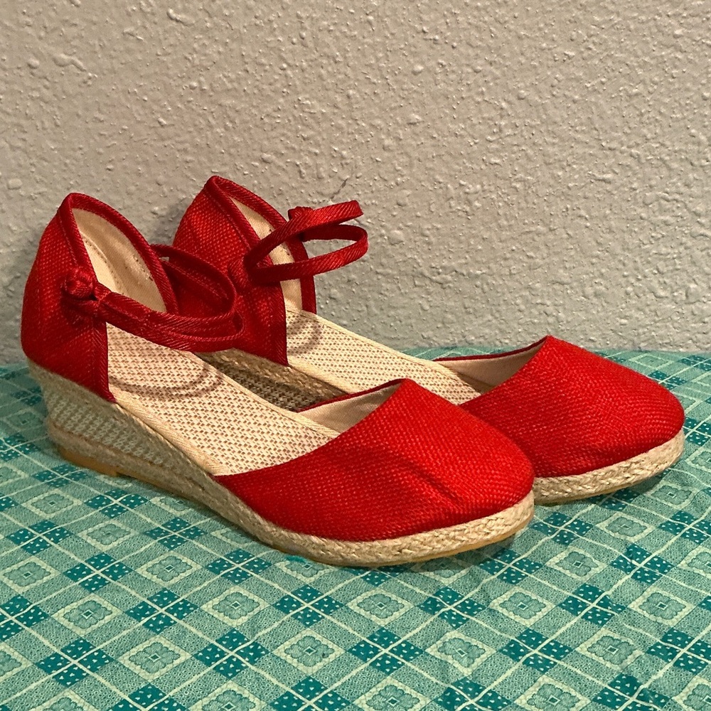 Red Women's Espadrille Wedge Ankle-Strap Flats
